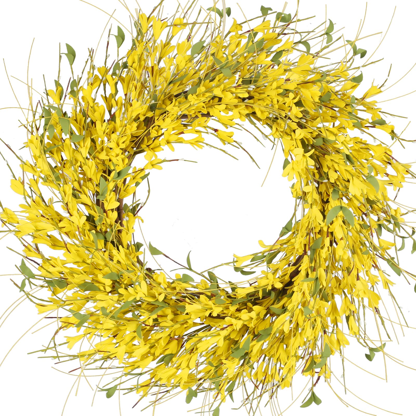 GTIDEA 24" Spring Wreaths for Front Door Artificial Forsythia Flower Wreath on Grapevine Yellow Wreath with Green Leaves Silk Floral Wreath for Home Indoor Wall Window Garden Porch Farmhouse Decor