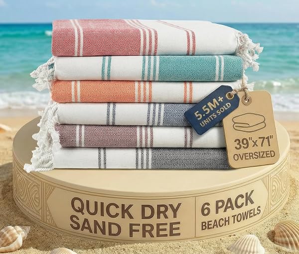 LANE LINEN 6-Pack Oversized Pre-Washed Beach Towels, Stylish Quick-Dry Pool & Travel Towels for Adults, 39"x71" - Diamond Mul