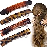 STSTR 4PCS French Barrette Hair Clips for Women, 2 Styles Small Tortoise Shell Hair Clip, Curved Glossy Thin Hair Flat Hairstyles Accessories for Women (Leopard Color, Amber)