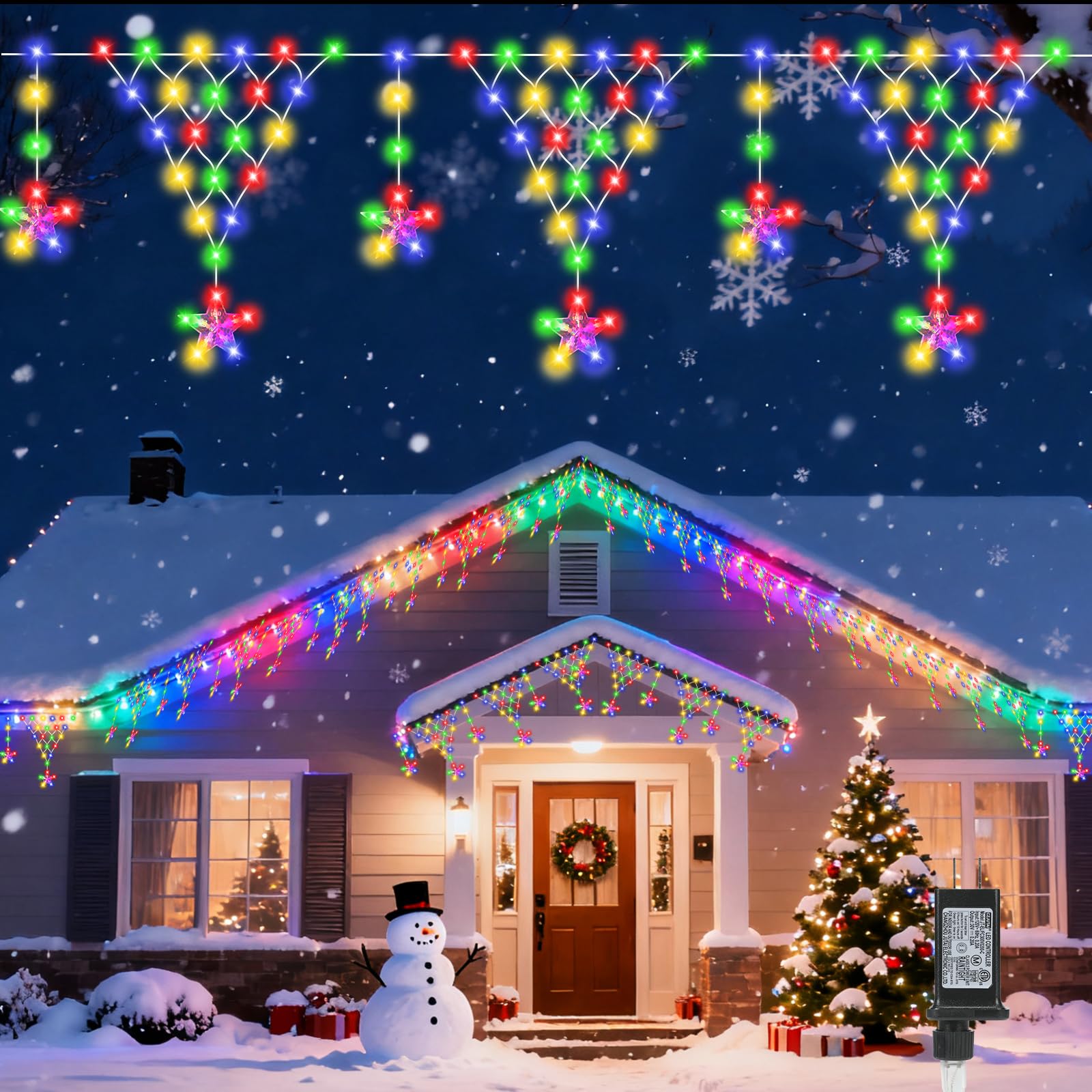 View 1 of () Outdoor Christmas Lights, 13.8ft 218 LED Christmas Curtain Lights, Icicle String Lights with 12 Drop Stars for Curtain, Indoor, Garden, Patio, Wedding, New Year, Home Decoration - Multicolor