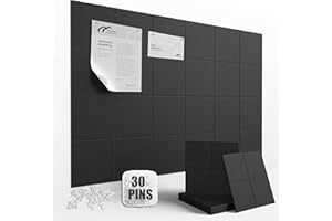 TSJ HOME Large Felt Cork Board Alternative - 36" x 24" Black Bulletin Board with 30 Pushpins, 6 Pack Adhesive Cork Board, Sound Absorbing Fabric Wall Tiles, for Office Home Music Class