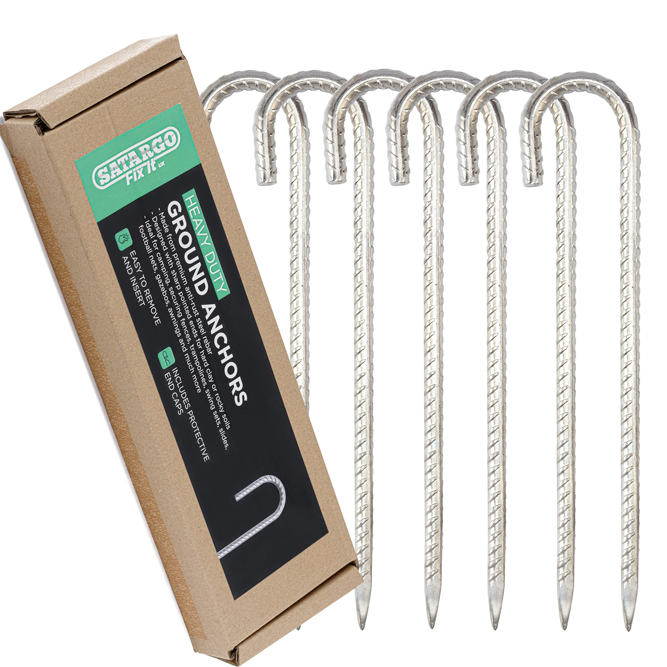 Satargo Heavy Duty Ground Rebar Stakes Garden Staples, Galvanized Steel Tent Nails, J Pegs Gardening Anchors, Landscape Pins for Trampoline, Camping, Canopies, Sheds Ports Swing Sets (12) — image 1