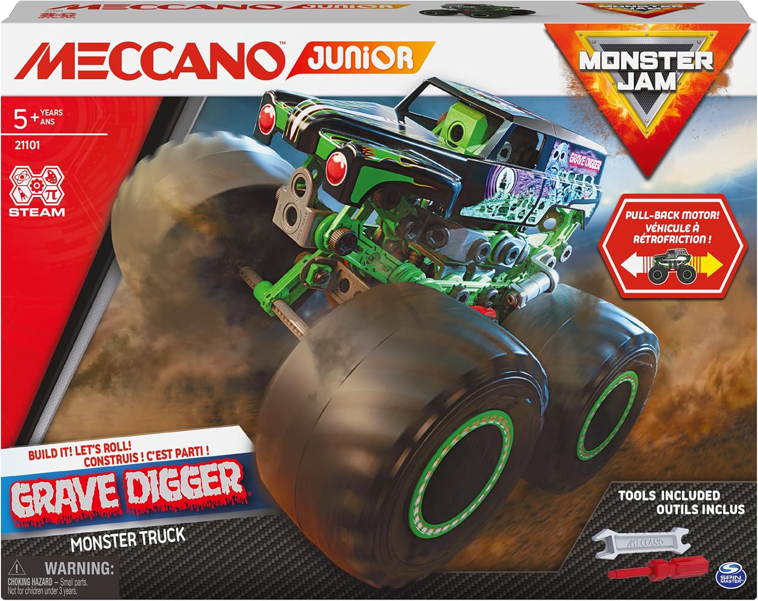 MECCANO Junior, Official Monster Jam Grave Digger Monster Truck STEM Model Building Kit with Pull-back Motor
