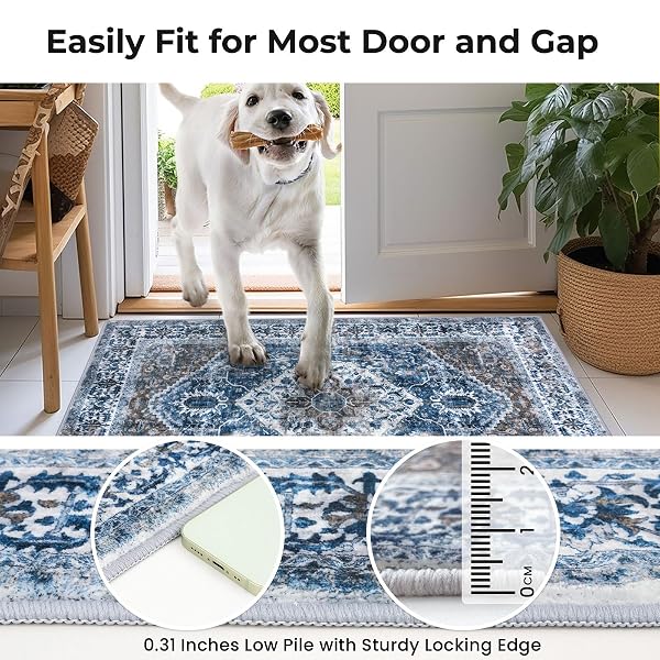KOZYFLY BOHO AREA RUG 3X5 FT RUGS FOR ENTRYWAY WASHABLE ENTRY RUG NON SLIP DOOR MAT INDOOR ENTRANCE BLUE PRINTED FAUX WOOL VINTAGE KITCHEN RUG THROW RUGS FOR ENTRANCE KITCHEN LIVING ROOM