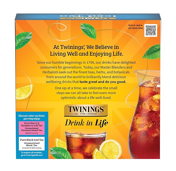 TWININGS NEW LEMON BLACK ICED TEA, 72 DELICIOUSLY UNSWEETENED TEA BAGS, MAKES 18 PITCHERS OR 144 SERVINGS, CAFFEINATED, 72 COUNT (PACK OF 1)