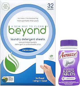 Cleanfinity Brands - Beyond Amazing Bundle. One pack of Beyond Concentrated Laundry Sheets (32 loads) and One bottle of Concentrated Bleach Tablets. (32 tabs)-Lavender