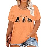 Plus Size Halloween Shirts for Women Spooky Season Tshirt Fall Pumpkin T-Shirt Ghost Graphic Tees Short Sleeve Tops