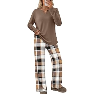 WIHOLL Two Piece Sets Women Fall Fashion Clothes Winter Clothing Outfits | Lounge V Neck Long Sleeve Shirts Pajamas Business