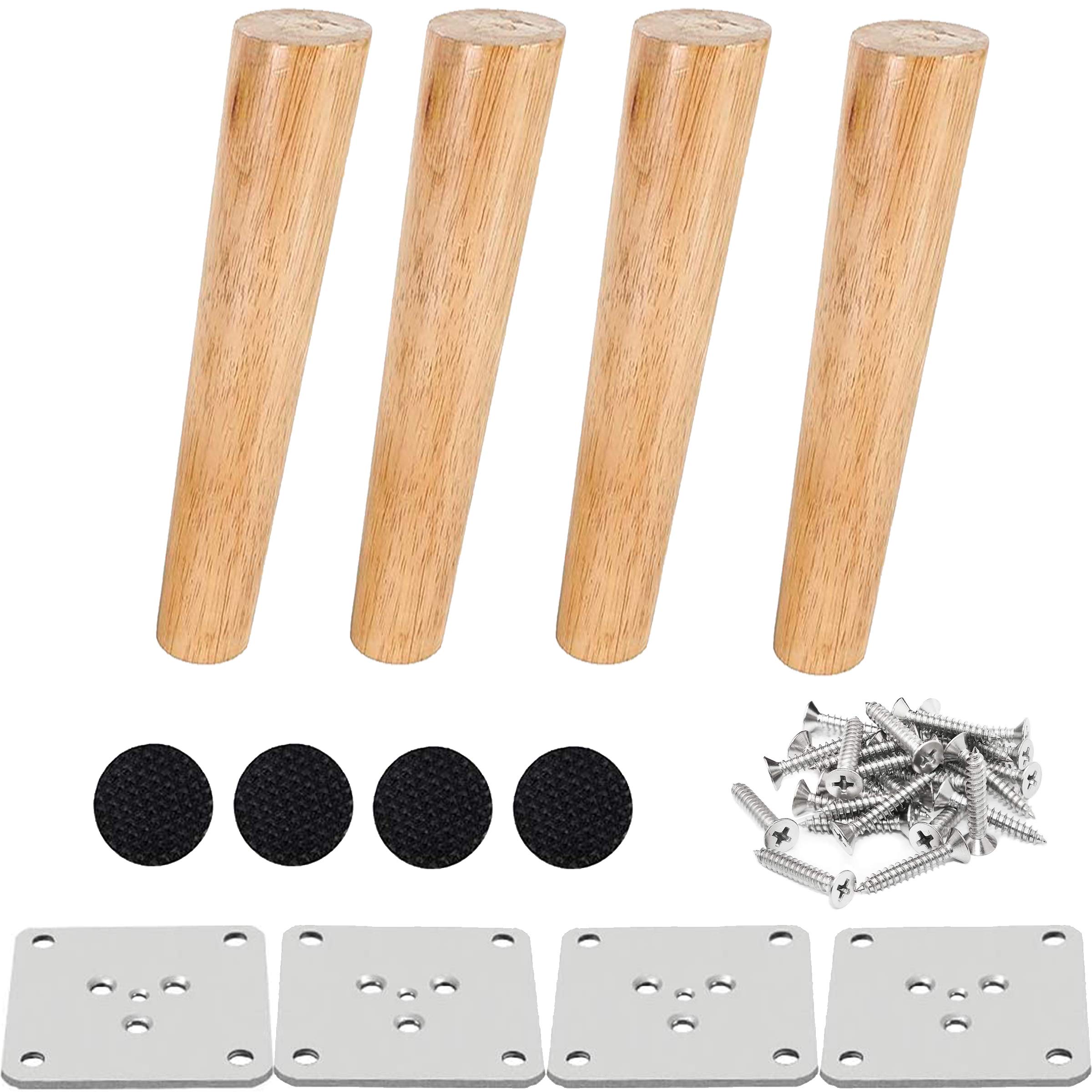 Drenky Wooden Furniture Legs, Heavy Duty Solid Wood Sofa Legs 4Pcs 20cm Oblique Tapered DIY Replacement Feet with Mounting Plate Screws and Anti-Slip Protector for Desk, Chair
