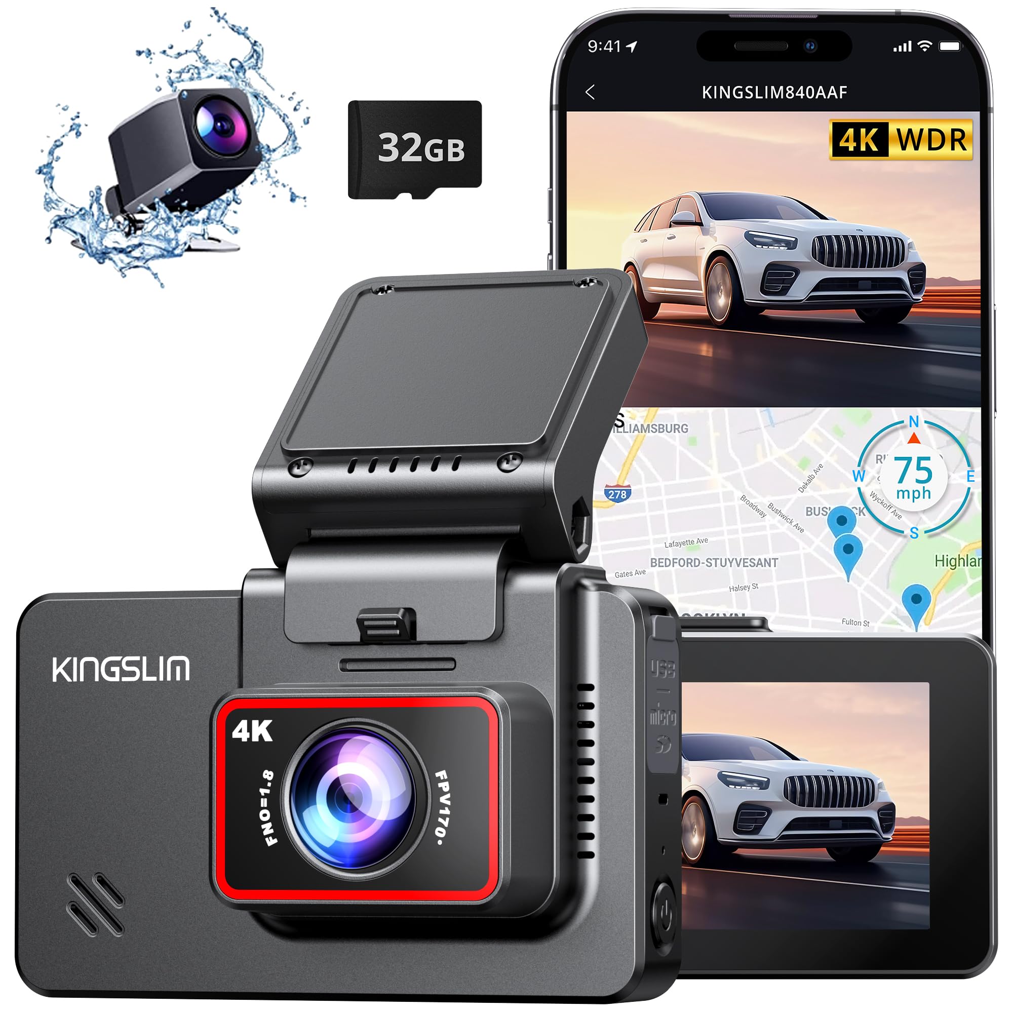 Photo 1 of Kingslim Dash Cam Front and Rear 4K - D4 Dual Dash Camera for Cars WiFi GPS, Dashcam with 32GB SD Card, 3" Touchscreen, Night Vision, APP, Parking Mode, G-Sensor, Black