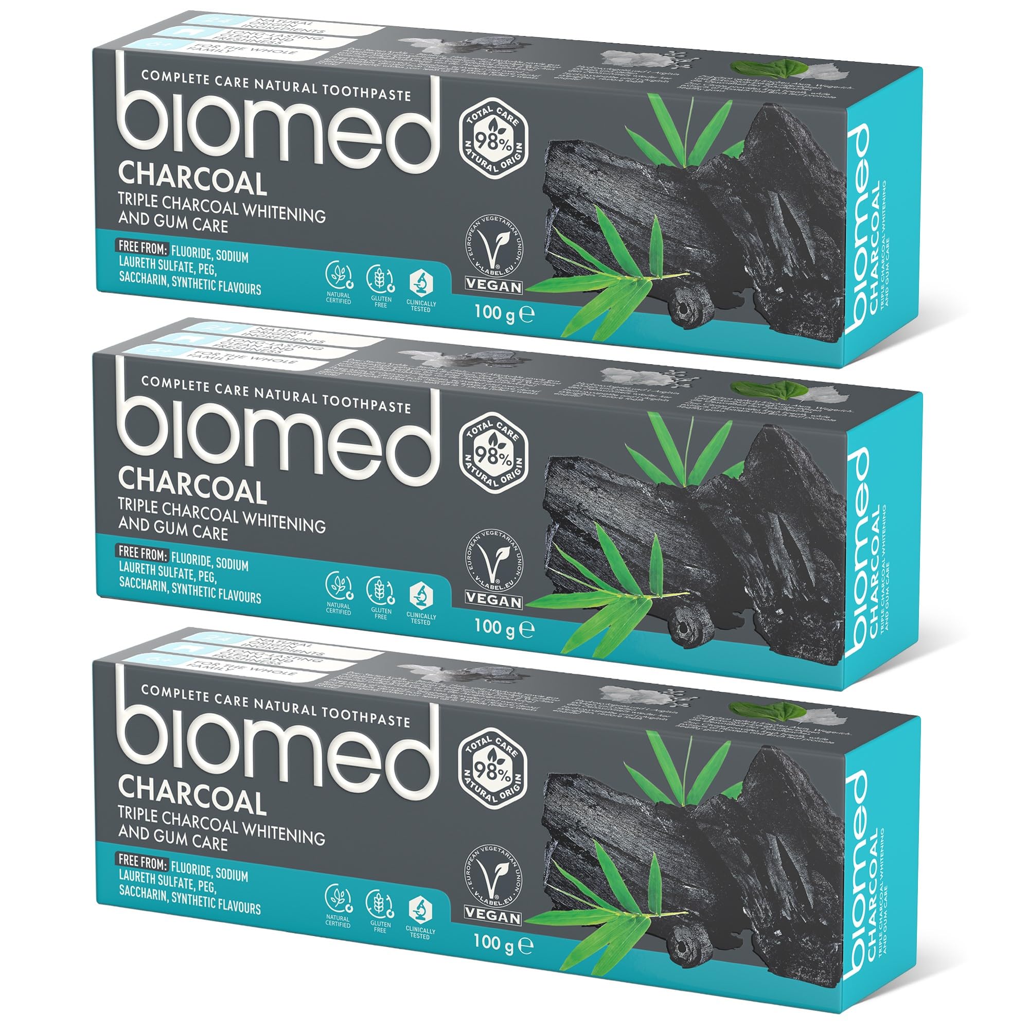 Biomed Triple Charcoal 98% Natural Whitening Toothpaste | Gum Care, Bamboo Charcoal | Vegan, SLES Free 100g(pack of 3)
