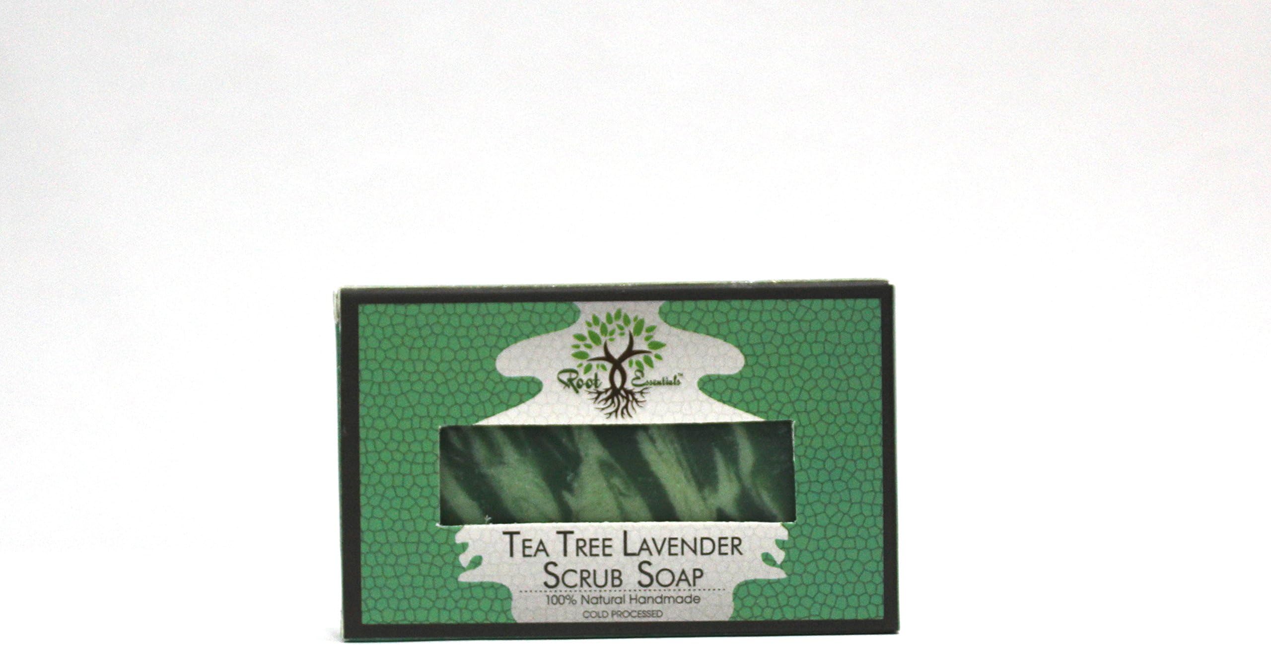 Root Essentials Tea Tree Lavender 100% Natural Handmade Vegan Scrub Soap Bar 4 Ounce