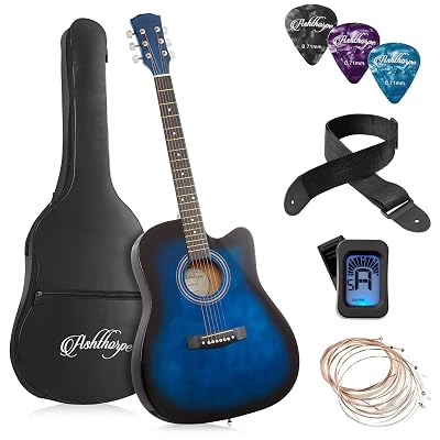 Ashthorpe 41-inch Beginner Cutaway Acoustic Guitar Package (Blue), Full Size Basic Starter Kit w/Gig Bag, Strings, Strap, Tuner, Picks