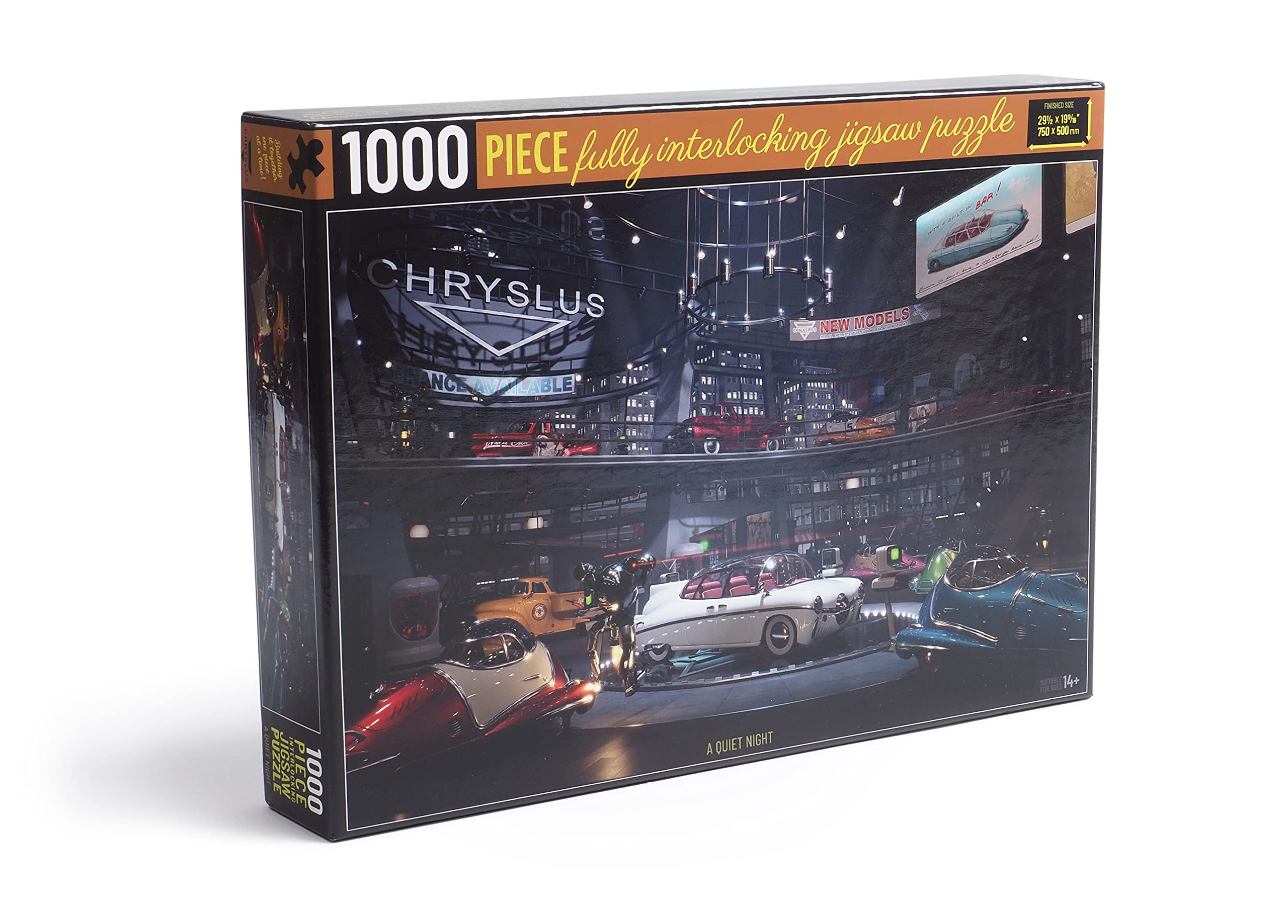 Fallout 1000-Piece Jigsaw Puzzle - Depicting the Chryslus showroom after all the hustle and bustle, full of automated sentries guarding the new Chryslus vehicles (Quiet Night)