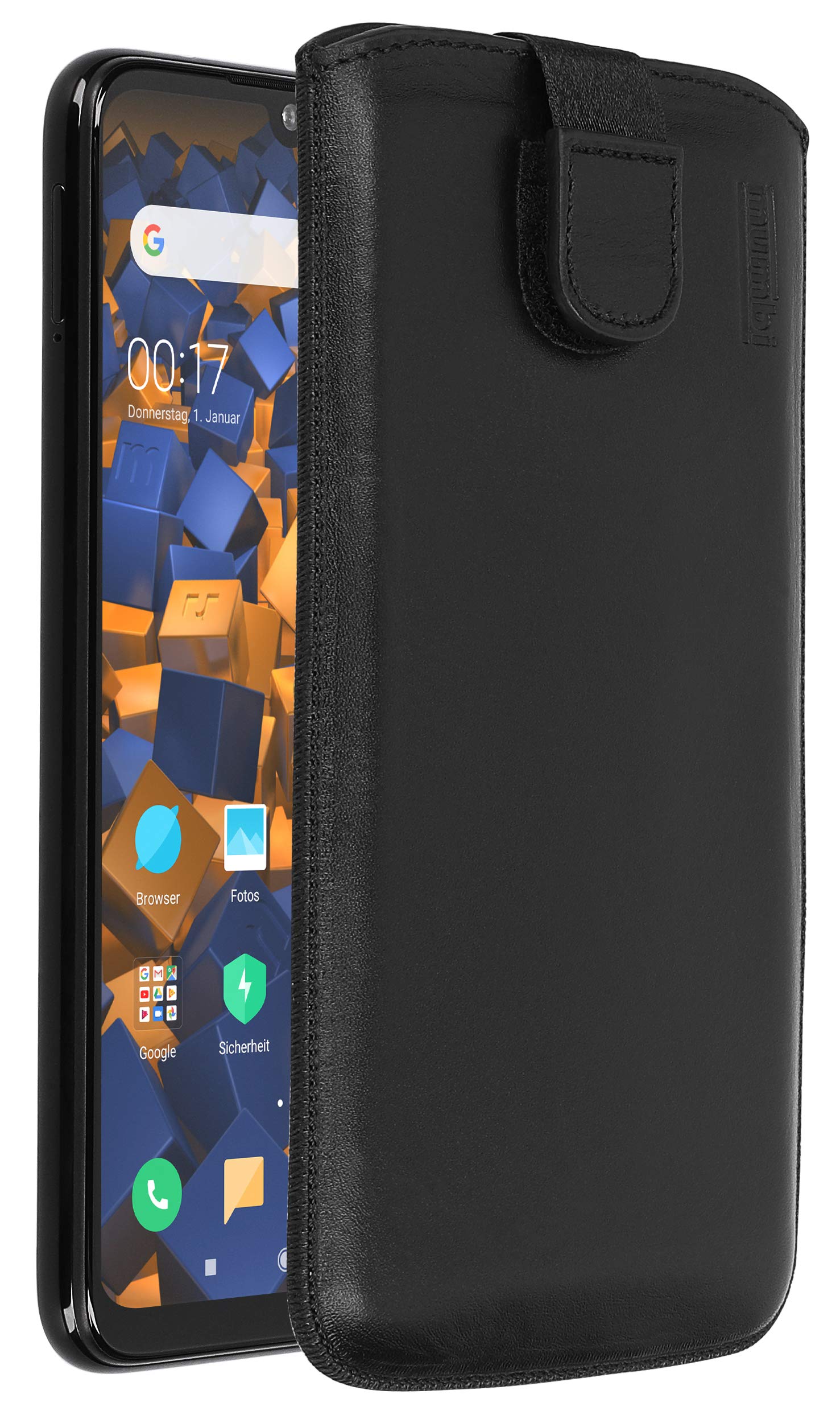 mumbi Genuine Leather Case Compatible with Xiaomi Redmi Note 7 with Flap and Pull-Out Tab Black