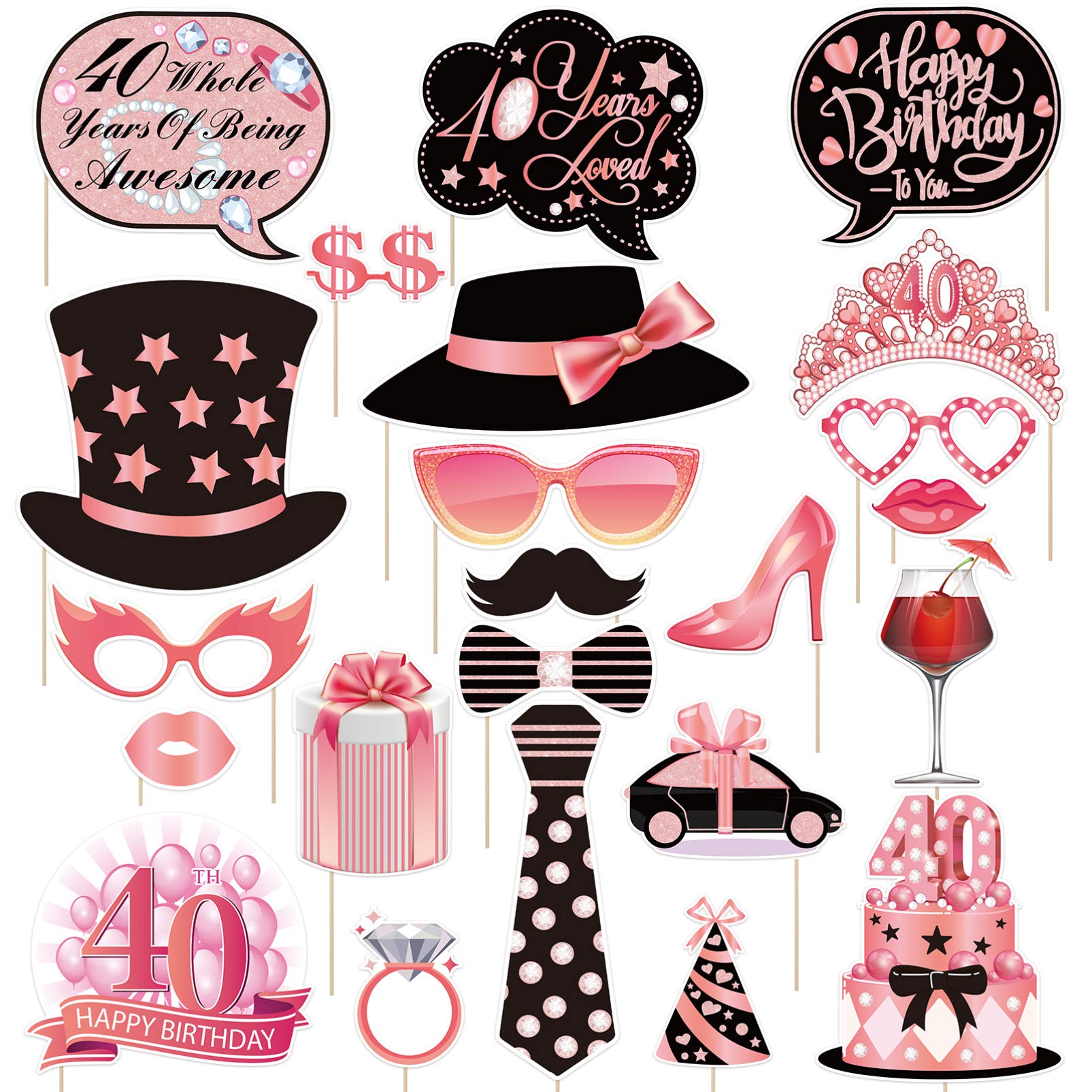 Amosfun 23pcs 40th Birthday Photo Booth Props Photo Props 40th Happy Birthday Party Supplies for Men Women