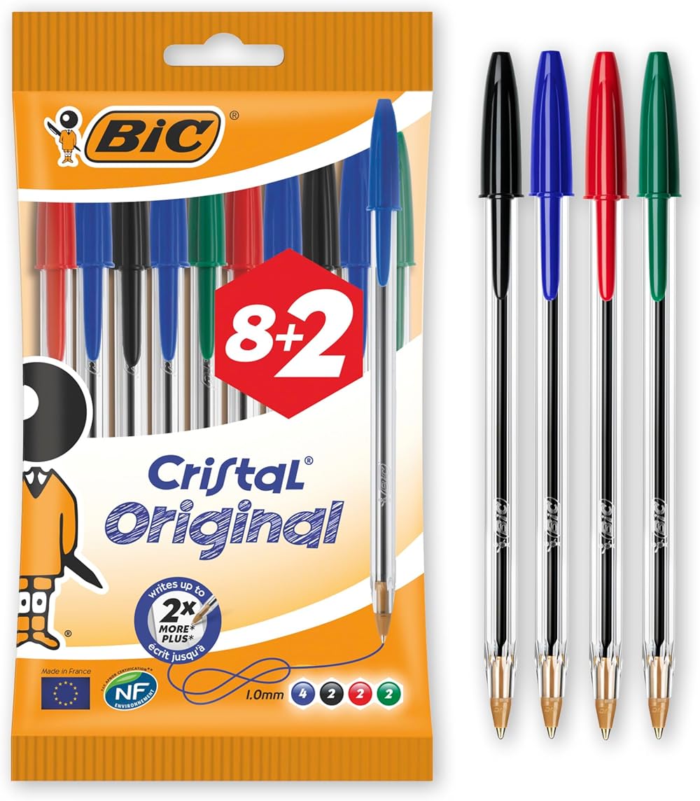 BIC Cristal Original Ballpoint Pens Assorted 10 Pack 1.0 mm 4 blue 2 red 2
