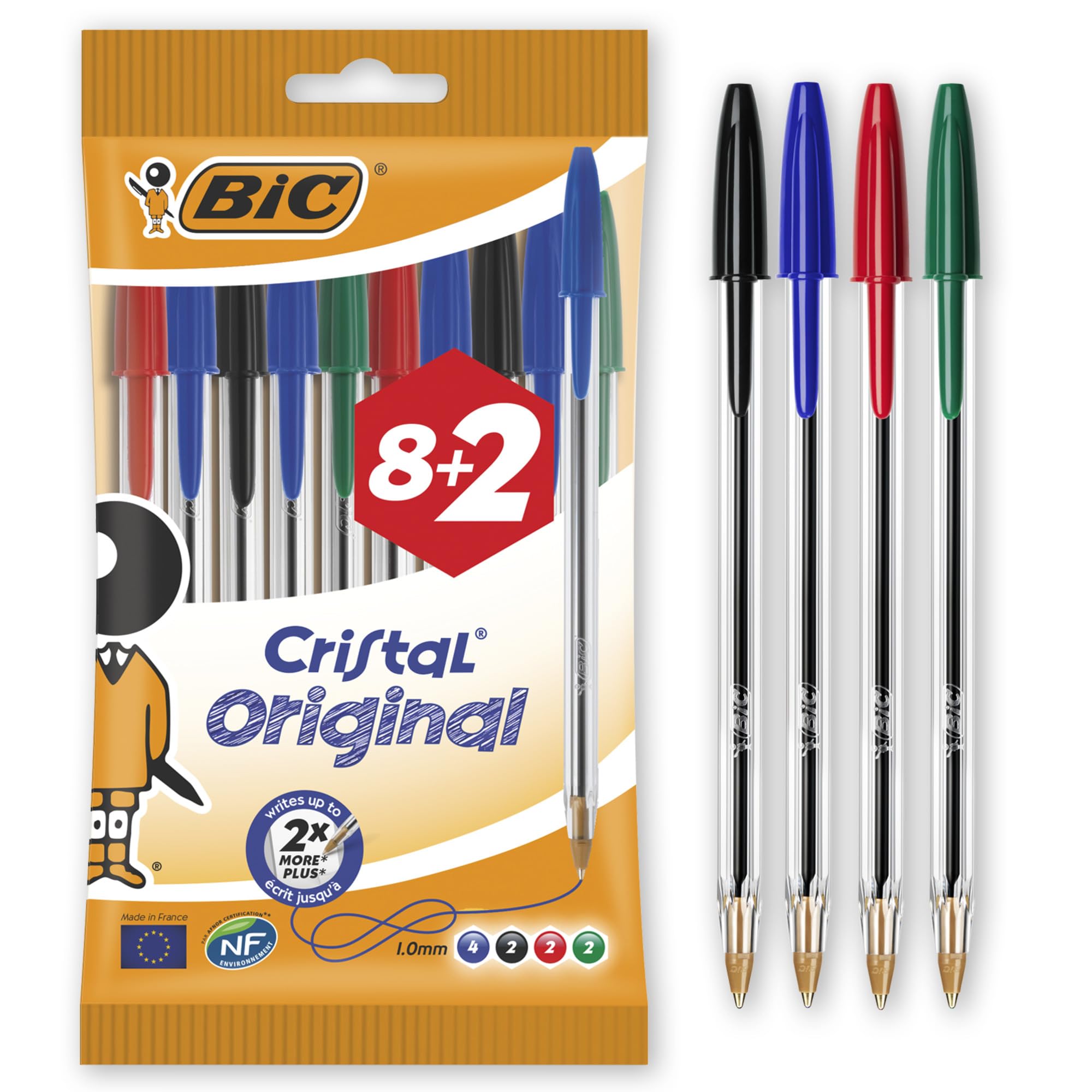 BIC Cristal Original Ballpoint , Comfortable Biro Pens, Medium Point (1.0mm), Assorted Colours, Pack of 10