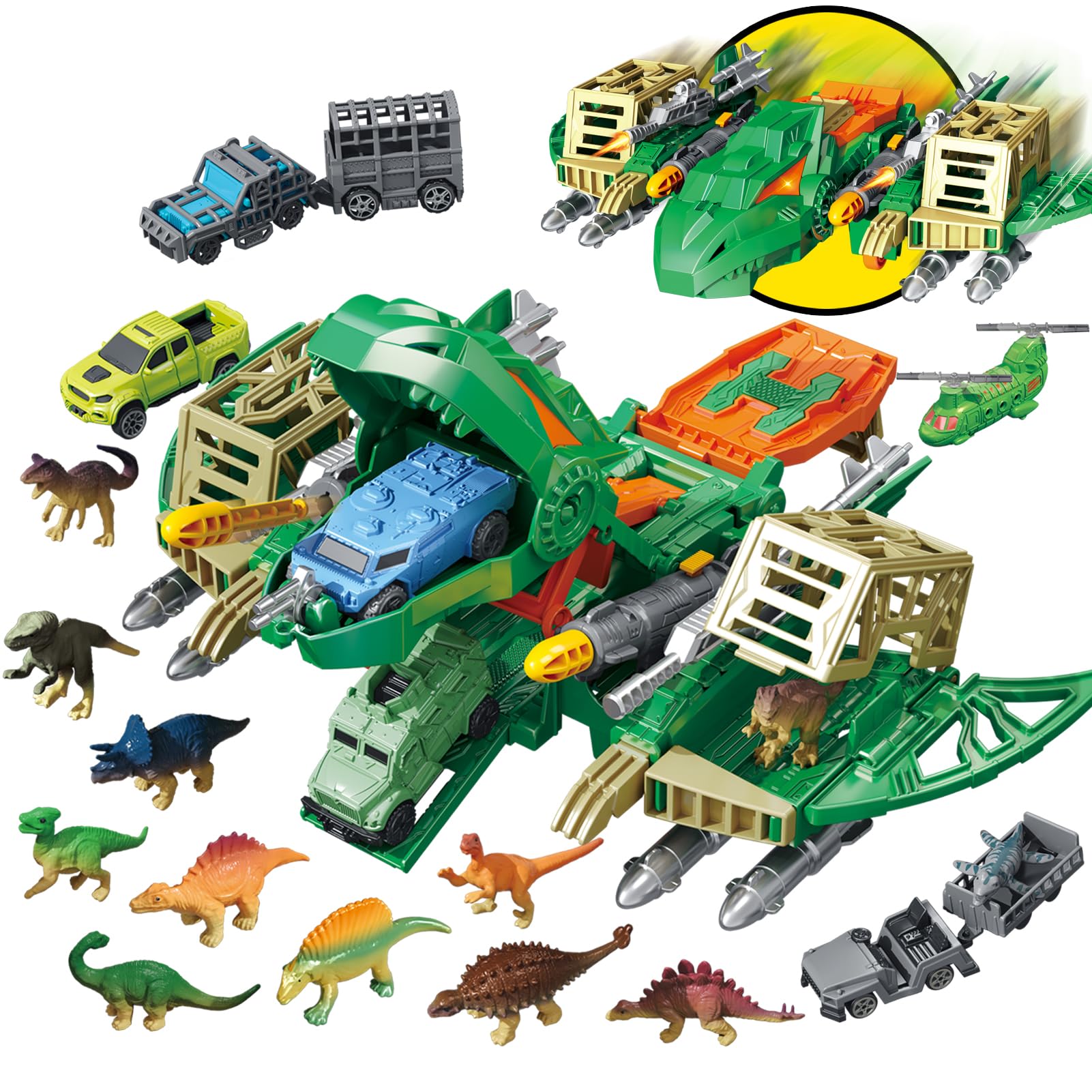 Frontoytall Pterosaur Dinosaur Transport Toy Set for Kids 3+, Large Dino Carrier Plane with 12 Dinosaur Figures, 6 Vehicles & Helicopter, Educational Dinosaur Toys Gift for Boys Girls Age 3 4 5 6 7