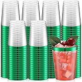 Gerrii 100 Pcs 10oz Plastic Cups Disposable Fancy Rimmed Cups Elegant Clear Drinking Tumblers for Wedding, Birthday, Halloween, Christmas, Graduation Party(Green)