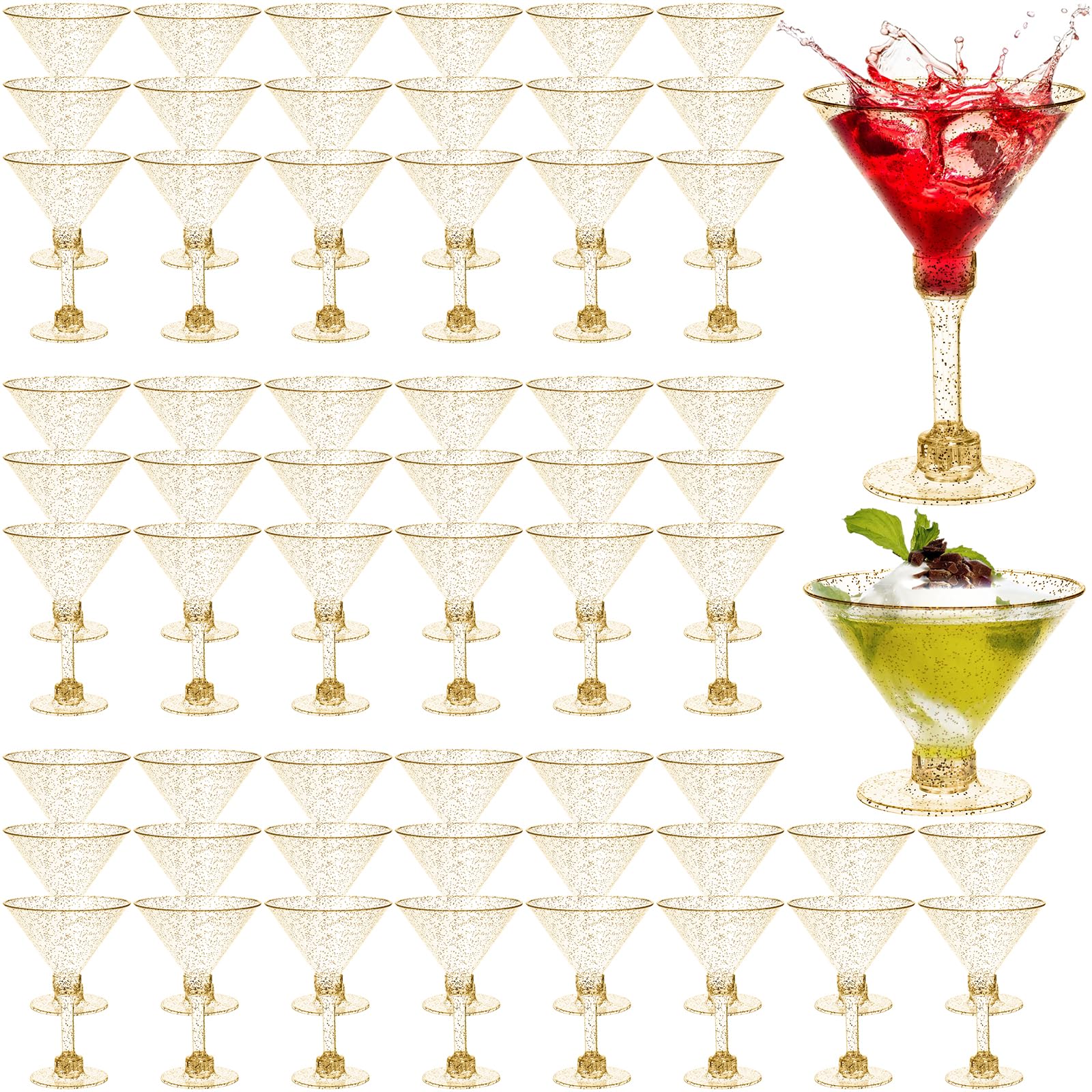 Photo 1 of WUWEOT 60 Pack Plastic Martini Glasses, 5 Oz Gold Glitter Disposable Cocktail Glasses, Tall Appetizer Dessert Cups, Unbreakable Wine Shooter Glasses for Margarita Wine Champagne Ice Cream