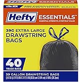 Hefty Essentials Extra Large 39 Gallon Trash Bags, Black, Unscented, 40ct | 39G Extra Large Black Trash Bags for Landscaping, Yard Waste, Basement Cleanouts, Home Remodeling, Drawstring Closure