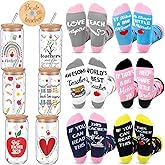 Domensi 12 Pcs Teacher Appreciation Gifts from Student 16 oz Glass Cups with Lids Novelty Socks Birthday Graduation Retirement Christmas Thank You Gifts for Daycare Women