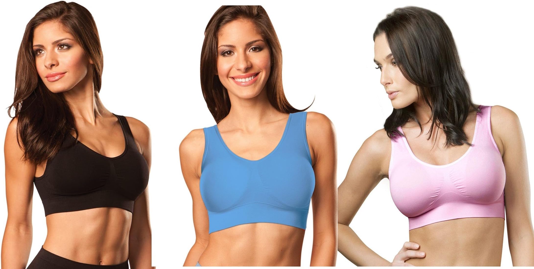Genie Bra (3 Pack Womens Seamless, Wireless Bra, As Seen On TV, with Removable Pads for Extra Lift (Black/Powder Blue/Barely Pink, Medium)