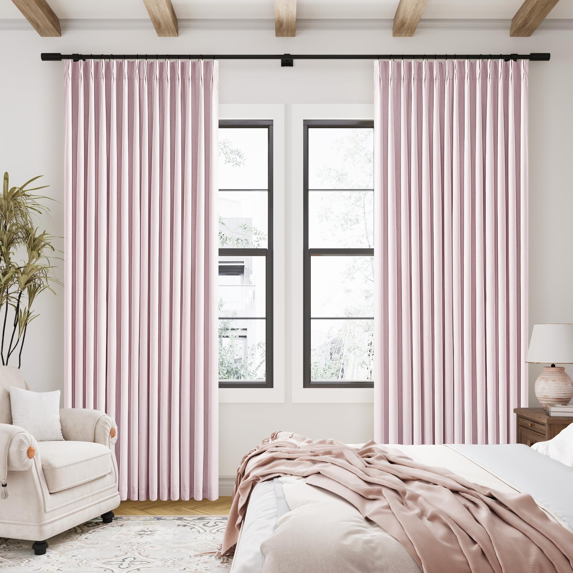 Photo 1 of Pale Pink Linen Pinch Pleated Curtains 90 Inches Long Complete Blackout for Girls Bedroom Funky Cute Window Curtains Noise Heat Blocking Heavy Insulated Drapes Baby Pink Dusty Blush for Nursery