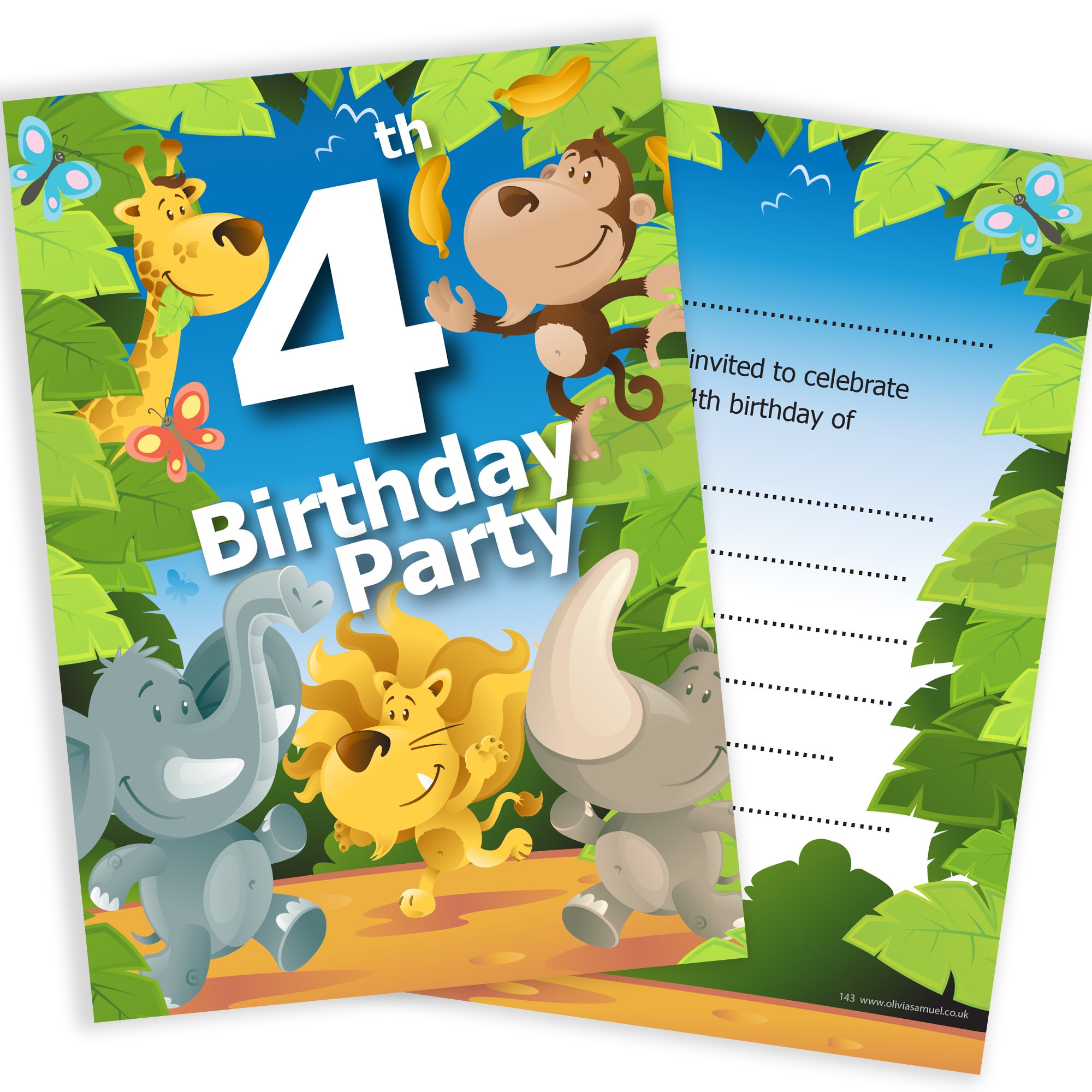 Olivia Samuel 20 x 4th Birthday Party Jungle Themed Animal Invitations from Ready to Write with Envelopes