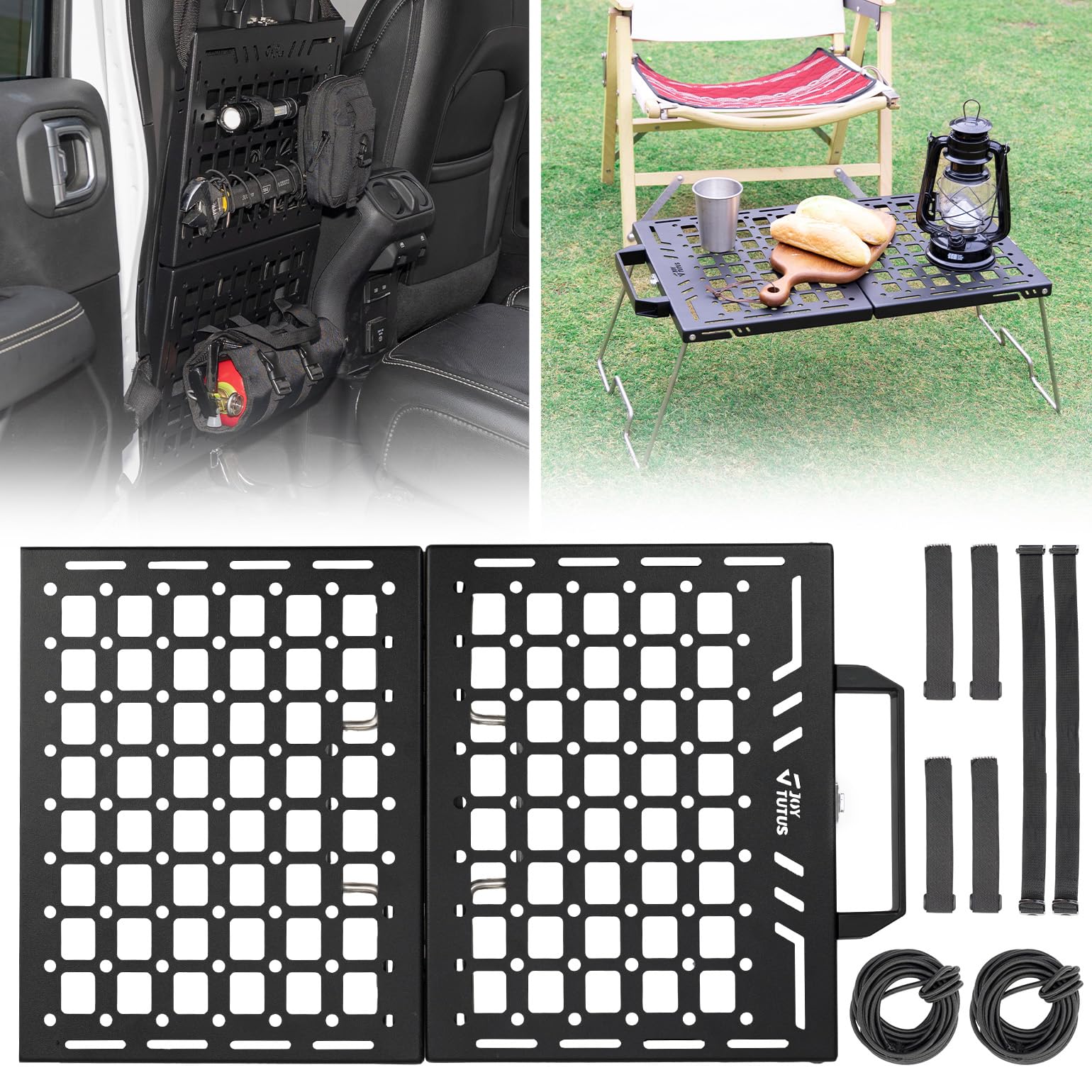 Photo 1 of JOYTUTUS Portable Rigid Molle Panel Back Seat Organizer for Truck, Versatile Camping Table Tactical Car Seat Back Organizer with Handle, Heavy-Duty Metal Molle Panels for Vehicles Car Truck SUV