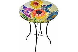 Teamson Home Handpainted Butterfly Fusion Glass Solar Birdbath Bowl Feeder with LED Light for Outdoor Patio Garden Backyard Decking, 21 Inch Height, Yellow
