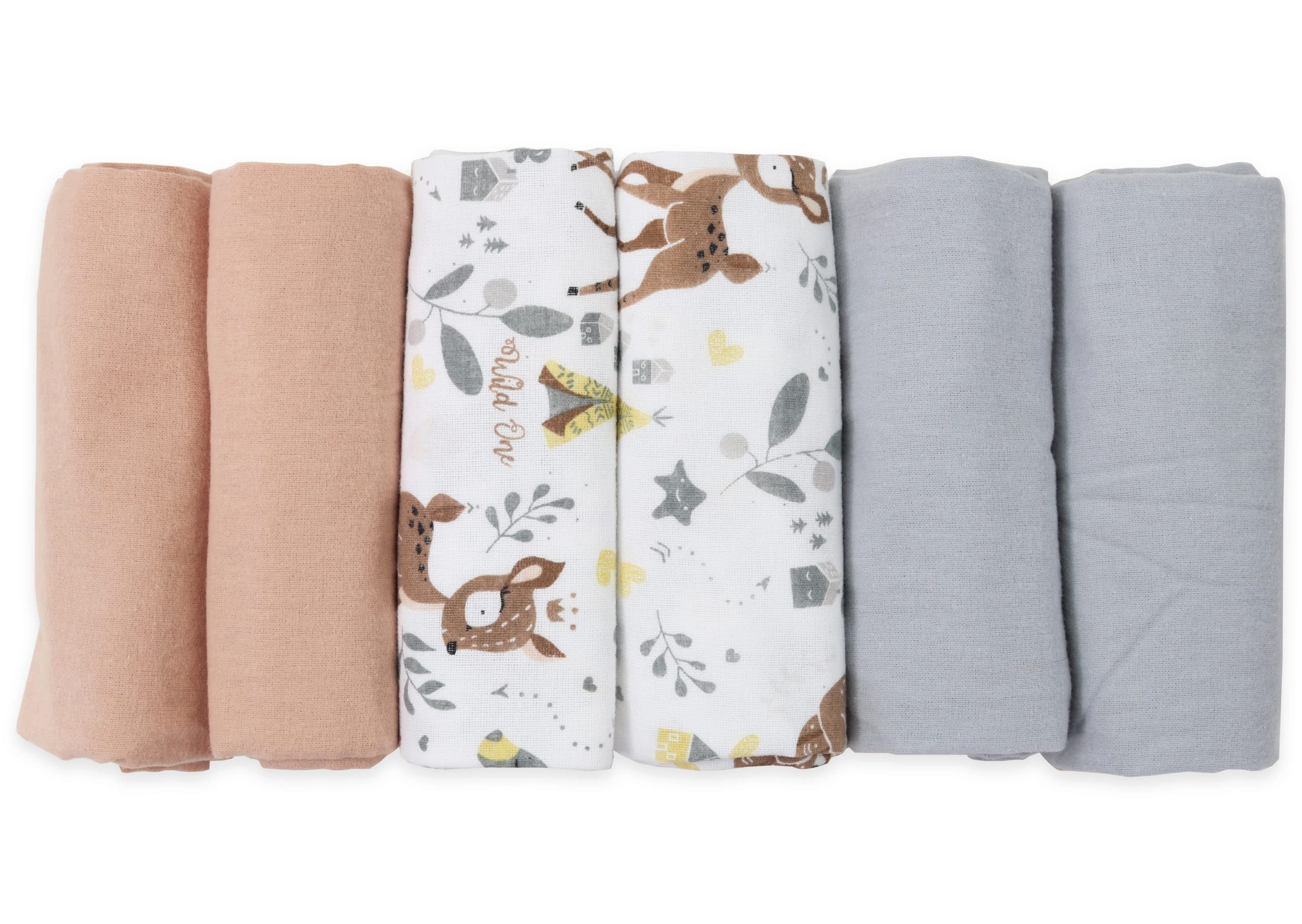 FENSILO Molleton Cloths, Pack of 6 Flannel Nappies Made of 100% Cotton, 80 x 80 cm, Molleton Nappies, Burp Cloths, Flannel Molleton Cloth, Unisex Burp Cloths for Boys or Girls, Pink Animal Grey