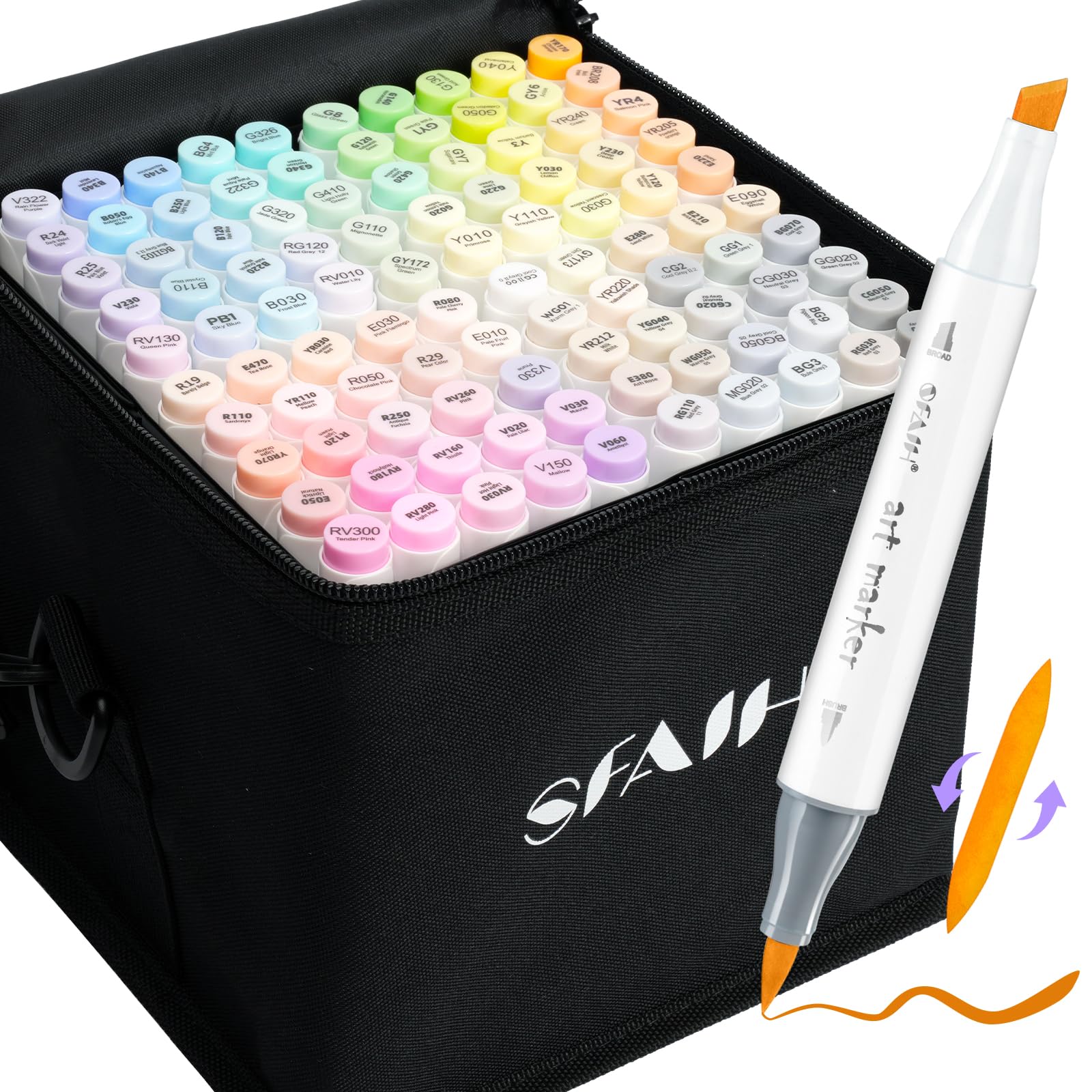 Photo 1 of SFAIH 101 Pastel Alcohol Markers Brush & Chisel - Dual Tip Art Markers for Adult Coloring Illustration, Gift for Artist, Refillable Ink, Colorless Blender, Adjustable Shoulder Strap & Leather Lining