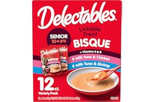 Hartz Delectables Lickable Treat Bisque Senior 10+ Wet Cat Treat Variety Pack, Food Topper, Hydrating, Grain-Free, No Fillers, No by-Products, No Added Preservatives, 1.4oz Pouch, 12ct