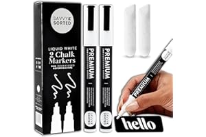 SAVVY & SORTED White Liquid Chalk Markers Erasable - 2PK 3mm Fine Tip Chalk Markers Chalk Pens - Chalkboard Markers Bistro Chalk Marker Glass Window Markers - Glass Board Markers - Erasable Chalk Markers Fine Tip