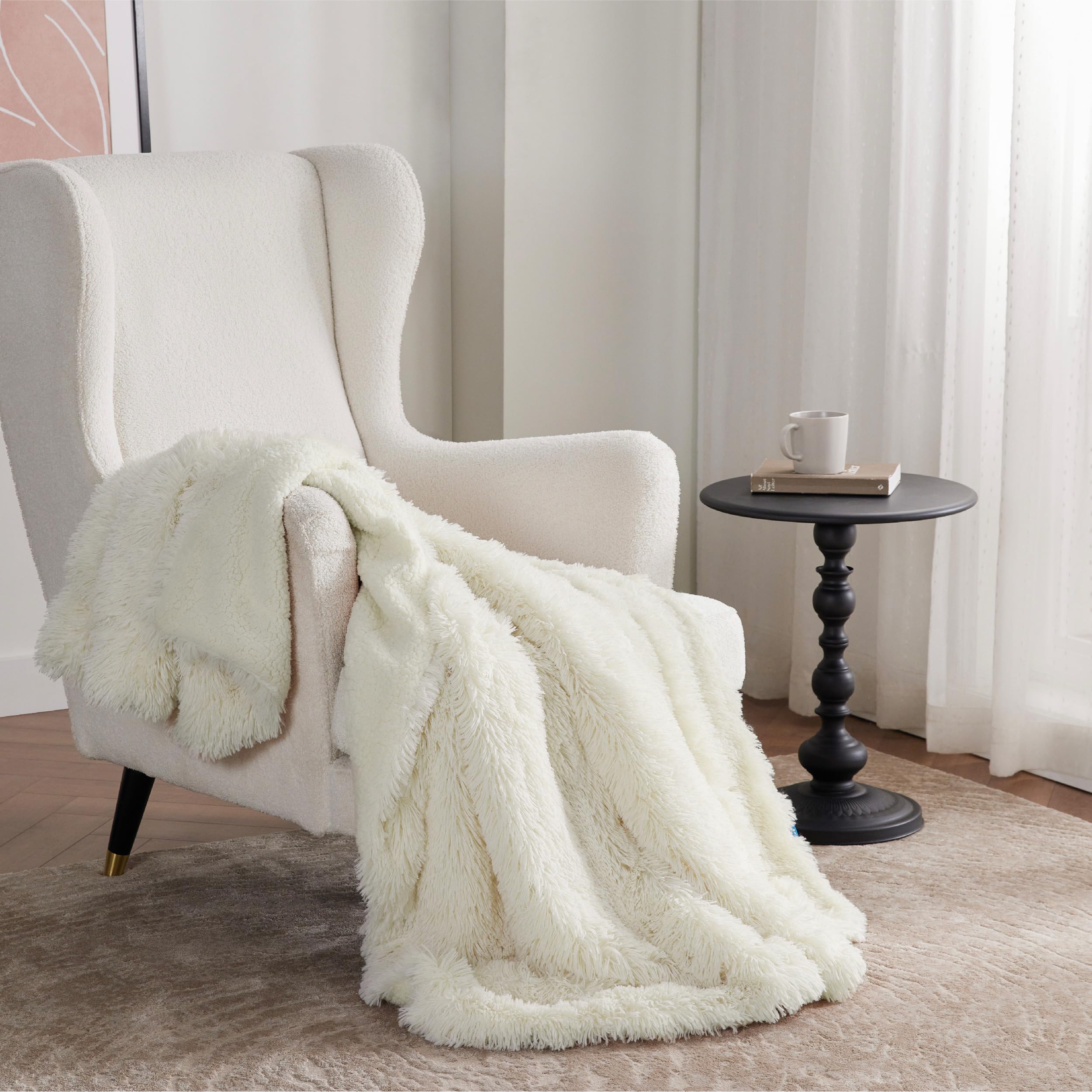 Bedsure Fluffy Cream Throw Blanket Decorative Throw Blankets for Bed Couch Sofa, Cream Decor Sherpa Fleece Soft Cozy Fuzzy Plush Thick Warm Faux Fur Decorations, Ivory Baby Girl Gifts, 50x60