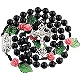 HELLOWIN 8mm Black Natural Stone Beads Catholic Rosary Necklace and Coral Rose Glory Beads with Flannel Bag for Women