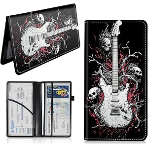 Car Registration and Insurance Card Holder Wallet, Skull Electric Guitar Rock Vehicle Document Organizer for Glove Box, Auto