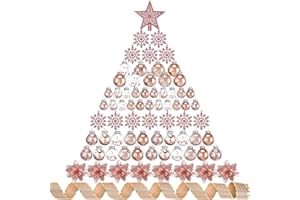 Jenaai Rose Gold 74 Pcs Christmas Ball Ornaments Set Plastic Shatterproof Christmas Tree Decorations with Hanging Snowflakes Ribbons Artificial Poinsettia Flowers Tree Topper for Xmas Decor