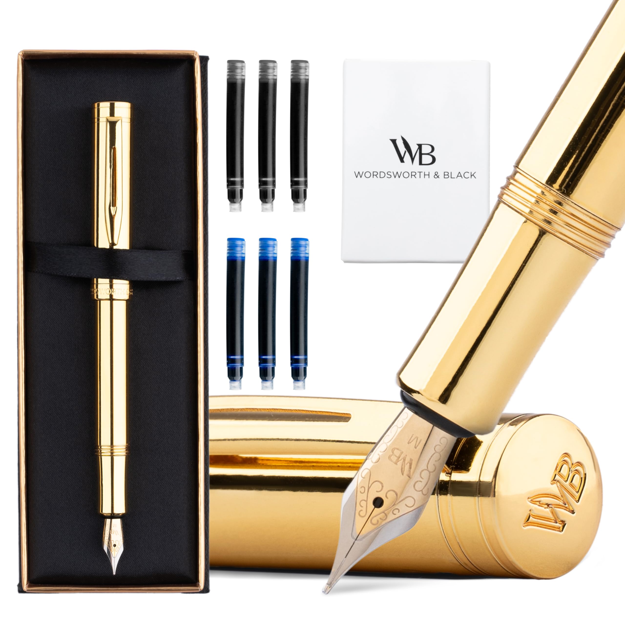 Wordsworth and Black Fountain Pen Mini EDC: Luxury Gold Heavy Pocket Pen, Gold Finish, Medium Nib, 6 Ink Cartridges, Ink Converter, Travel Refillable Writing Pen Gift Set, Men & Women