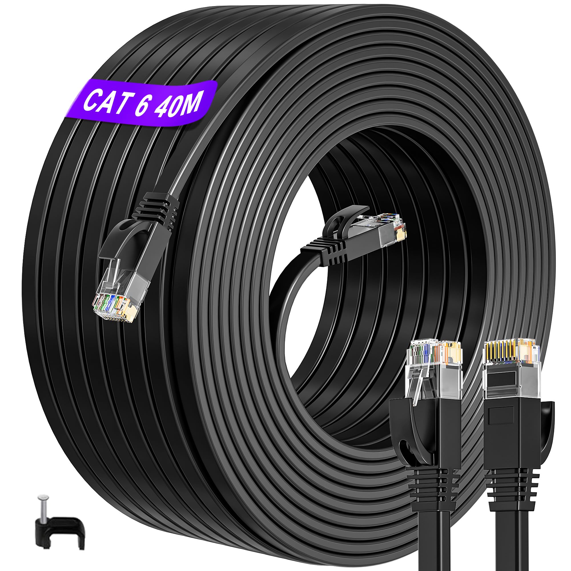 ikbc Ethernet Cable 40m, Cat 6 Internet Cable 40m High Speed, Flat RJ45 Lan Cable 40 meter, Gigabit Patch Cord Cat 6 Black, for Router PS4/5 (40 Clips) — image 1