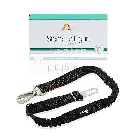 Amazy Sicherheitsgurt für Hunde – Stufenlos Verstellbarer Anschnallgurt mit integrierter Ruckdämpfung für höchste Sicherheit 