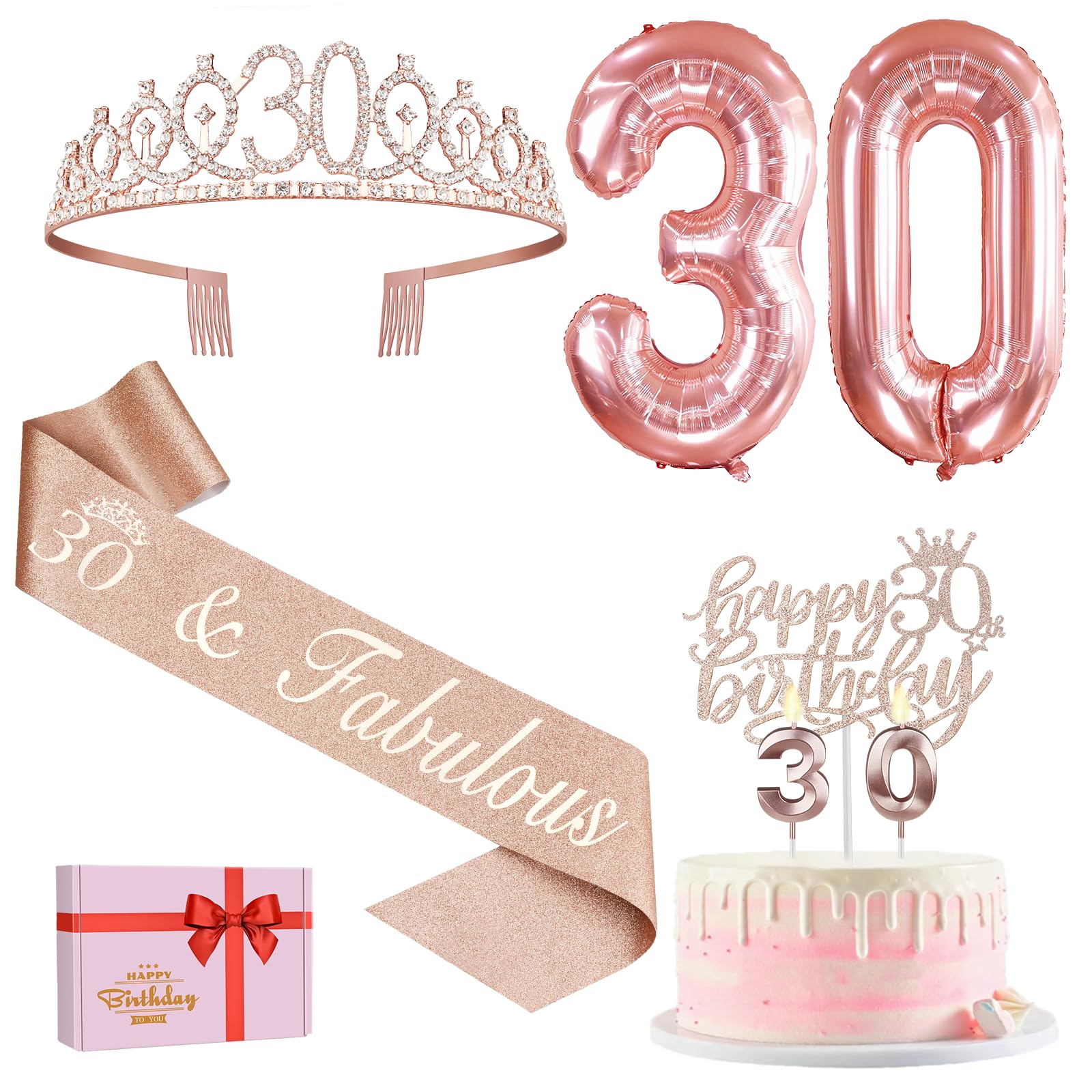 Photo 1 of 30th Birthday Decorations for Her, Including 30th Birthday Sash and Tiara, Cake Topper and Candles, Number Balloons, 30 Year Old Gifts for Women