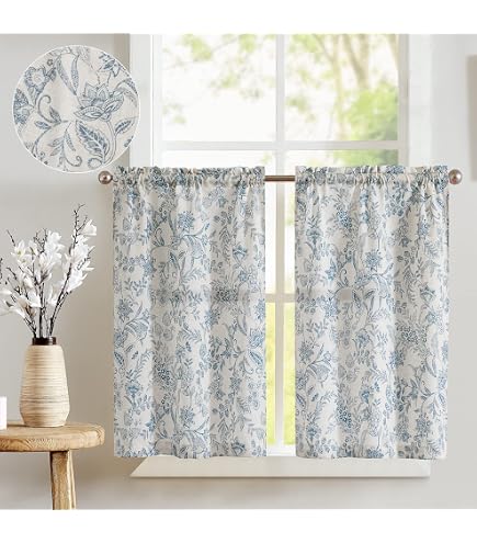 Renaiss 26 X 45 Inch Short Linen Curtains - Farmhouse Blue Floral Print, Back Tab & Rod Pocket, 2 Panels For Kitchen, Bathroom, Tier Curtains - View #4