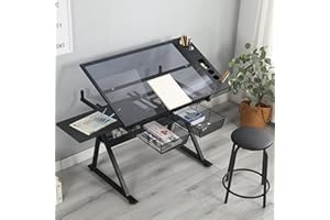 LOPOO Height Adjustable Drafting Table, Modern Tempered Glasses Artist Drawing Table 0-75° Tiltable Tabletop Artist with Chair, Black-Glass