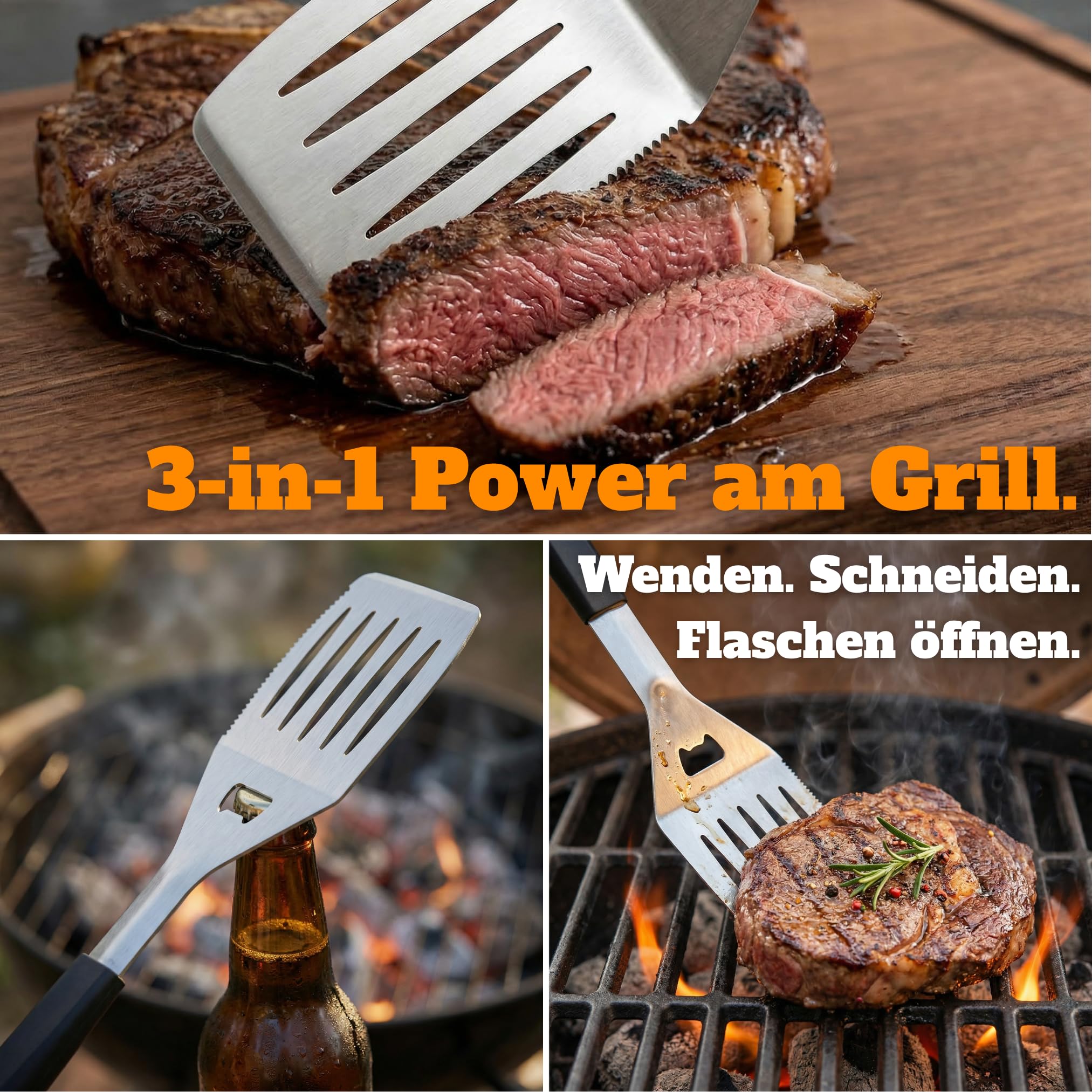 Grillkoffer Grillset für Männer - Grill Set mit Metallkoffer aus Edelstahl, Grillbesteck & Grill Zubehör, 3 in 1 Wender mit Flaschenöffner und Schneidekante 3