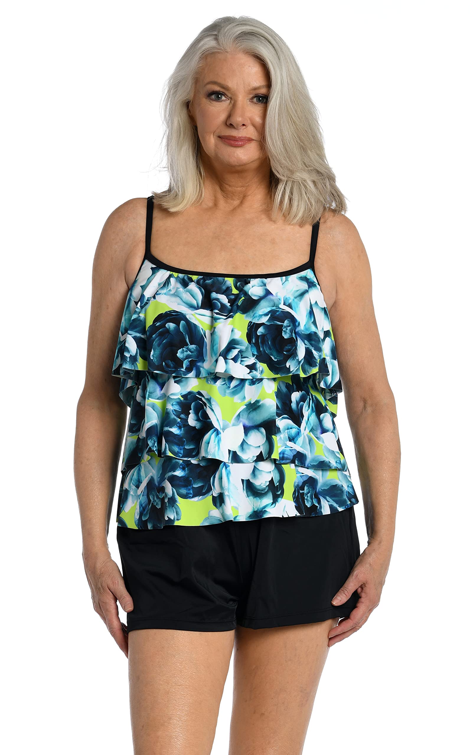 Maxine Of Hollywood Women’s Standard 3-Tiered Ruffle Tankini Swimsuit Top, Multi//Electric Rose, 14