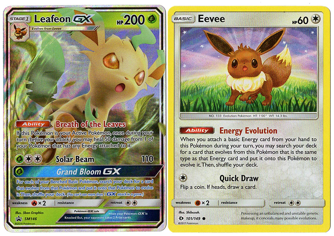 Pokemon GX Evolution Set Leafeon GX Promo SM146 + Eevee Sun Moon 101//149 Rare Card LOT