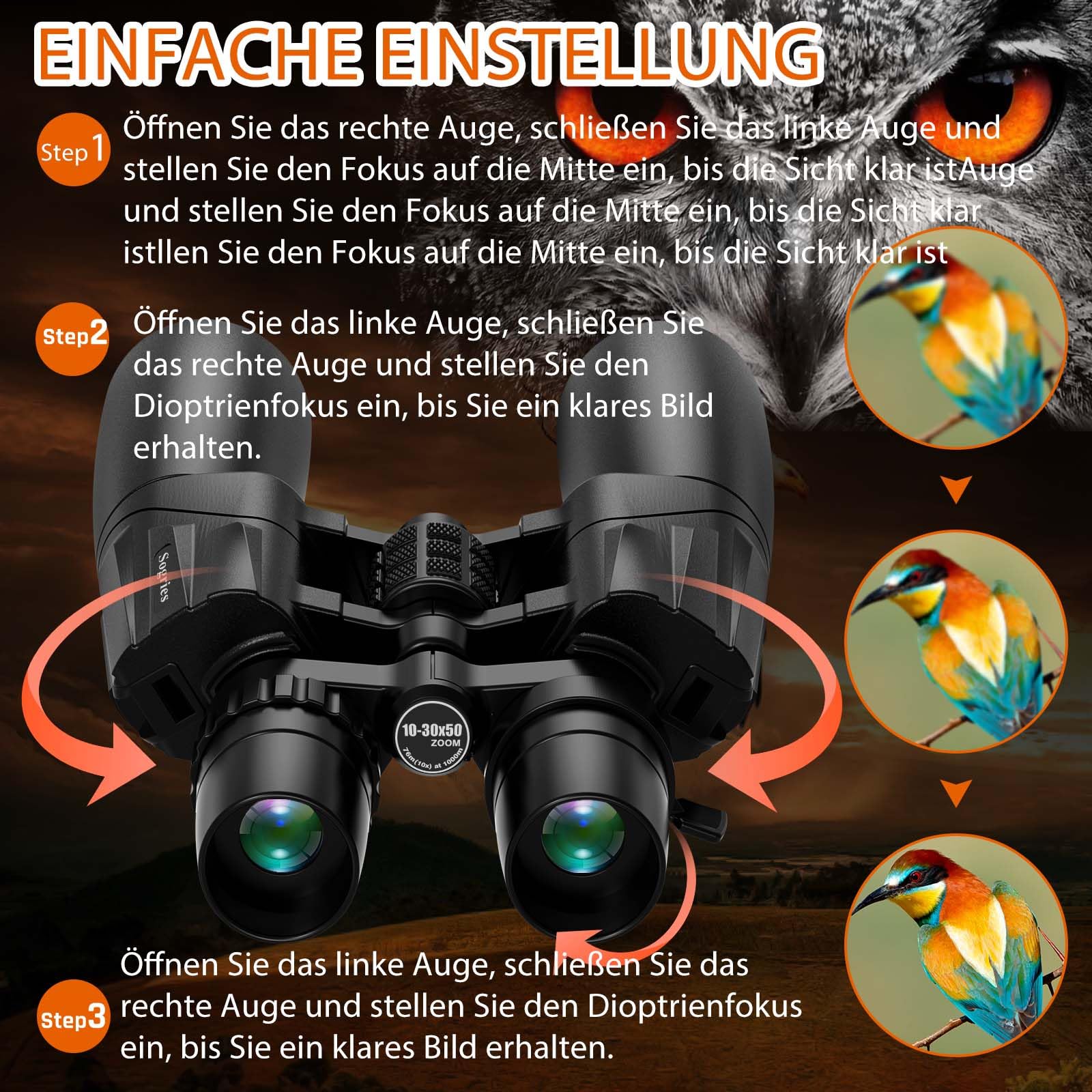10–30x50 Zoom Fernglas für Erwachsene, HD Fernglas für Vogelbeobachtung, Reisen, Jagd, Konzerte mit großer Sicht, BAK4, FMC-Objektiv, klare Sicht bei schlechten 4